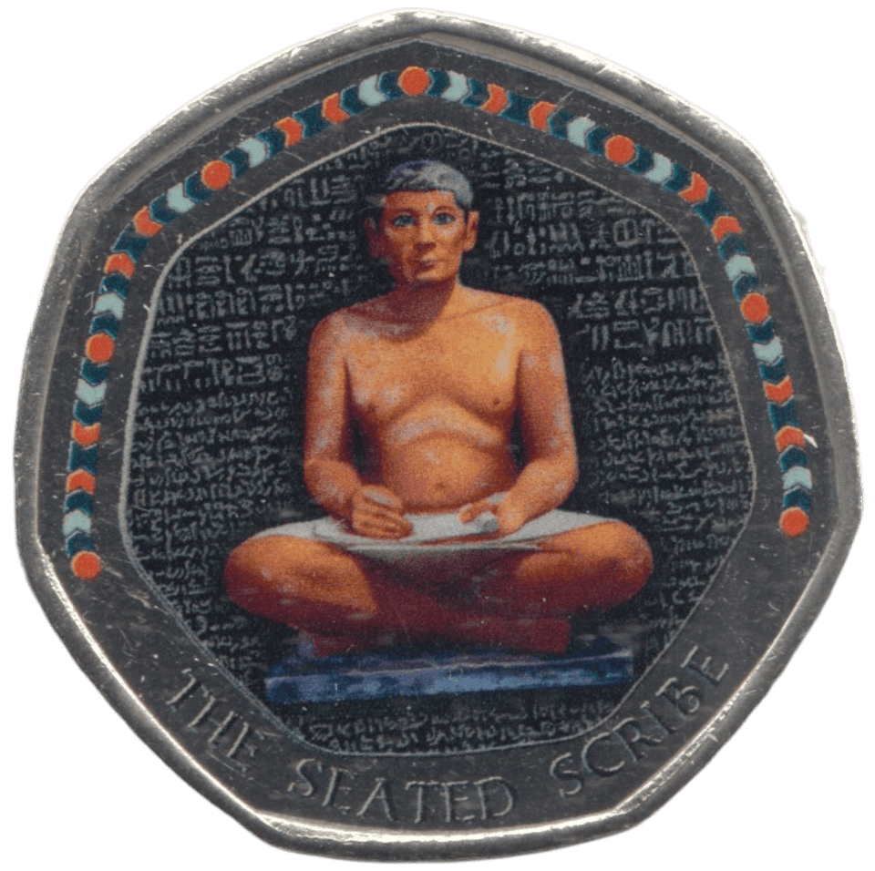 2003 50P SHAPED MEDALLION THE SEATED SCRIBE DISCOVERIES OF EGYPT - 50P SHAPED COIN - Cambridgeshire Coins