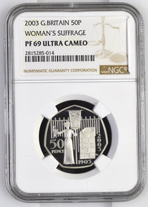 2003 G.BRITAIN WOMAN'S SUFFRAGE 50P ( NGC ) PF 69 ULTRA CAMEO - NGC SILVER COINS - Cambridgeshire Coins