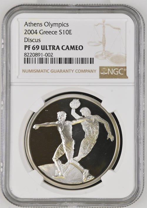 2004 GREECE ATHLETICS DISCUS OLYMPICS S10E ( NGC ) PF 69 ULTRA CAMEO HIGHEST POPULATION - NGC SILVER COINS - Cambridgeshire Coins