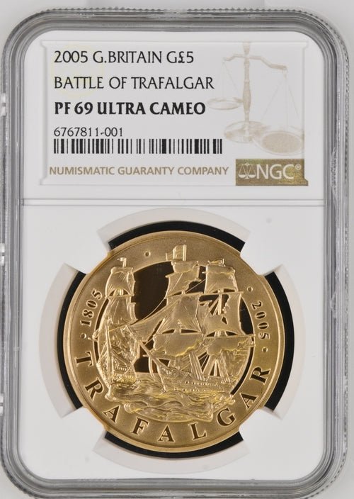 2005 GOLD £5 BATTLE OF TRAFALGAR ( NGC ) PF 69 ULTRA CAMEO - NGC GOLD COINS - Cambridgeshire Coins