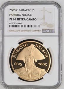 2005 GOLD PROOF £5 HORATIO NELSON (NGC) PF 69 ULTRA CAMEO - NGC GOLD COINS - Cambridgeshire Coins