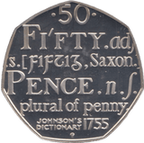 2005 SILVER PROOF FIFTY PENCE SAMUEL JOHNSONS DICTIONARY - SILVER WORLD COINS - Cambridgeshire Coins