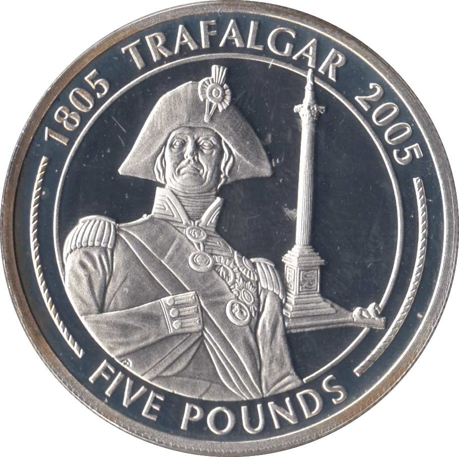 2005 SILVER PROOF FIVE POUNDS BATTLE OF TRAFALGAR COMMEMORATIVE GIBRALTAR Ref 11 - SILVER WORLD COINS - Cambridgeshire Coins