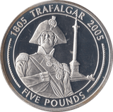 2005 SILVER PROOF FIVE POUNDS BATTLE OF TRAFALGAR COMMEMORATIVE GIBRALTAR Ref 11 - SILVER WORLD COINS - Cambridgeshire Coins