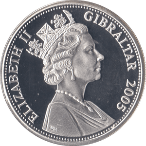 2005 SILVER PROOF FIVE POUNDS BATTLE OF TRAFALGAR COMMEMORATIVE GIBRALTAR Ref 11 - SILVER WORLD COINS - Cambridgeshire Coins