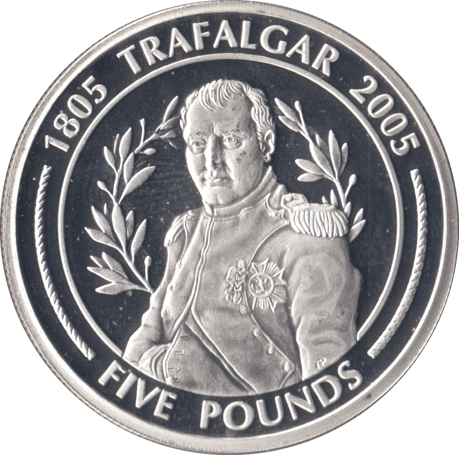 2005 SILVER PROOF FIVE POUNDS BATTLE OF TRAFALGAR COMMEMORATIVE GIBRALTAR Ref 12 - SILVER WORLD COINS - Cambridgeshire Coins