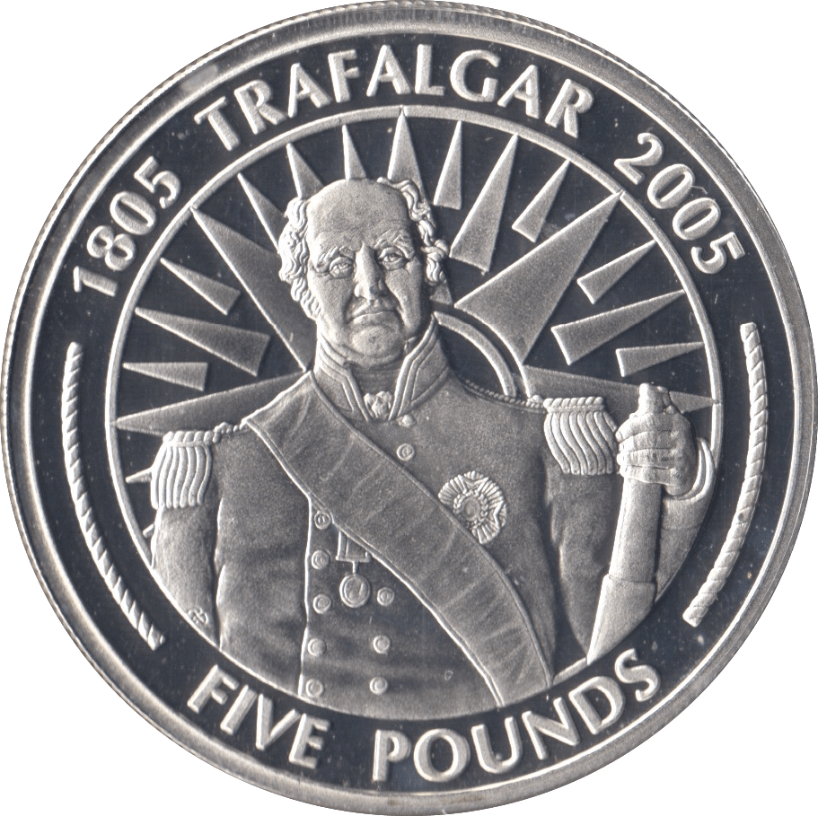 2005 SILVER PROOF FIVE POUNDS BATTLE OF TRAFALGAR COMMEMORATIVE GIBRALTAR Ref 1 - SILVER WORLD COINS - Cambridgeshire Coins