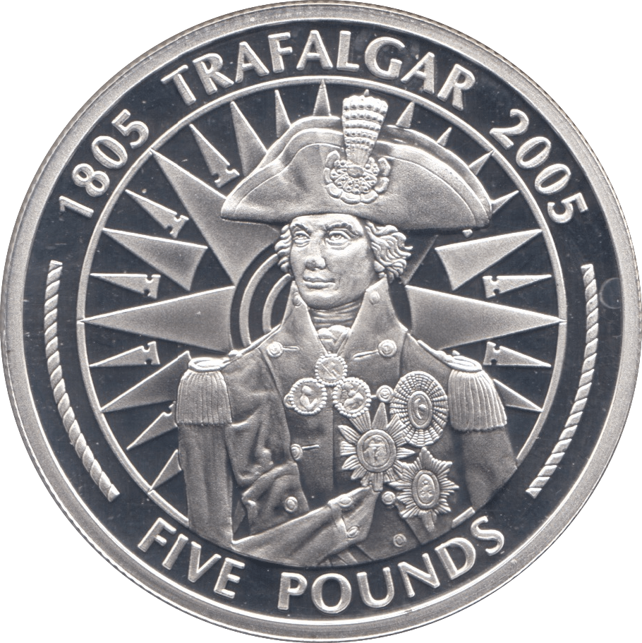 2005 SILVER PROOF FIVE POUNDS BATTLE OF TRAFALGAR COMMEMORATIVE GIBRALTAR - SILVER WORLD COINS - Cambridgeshire Coins