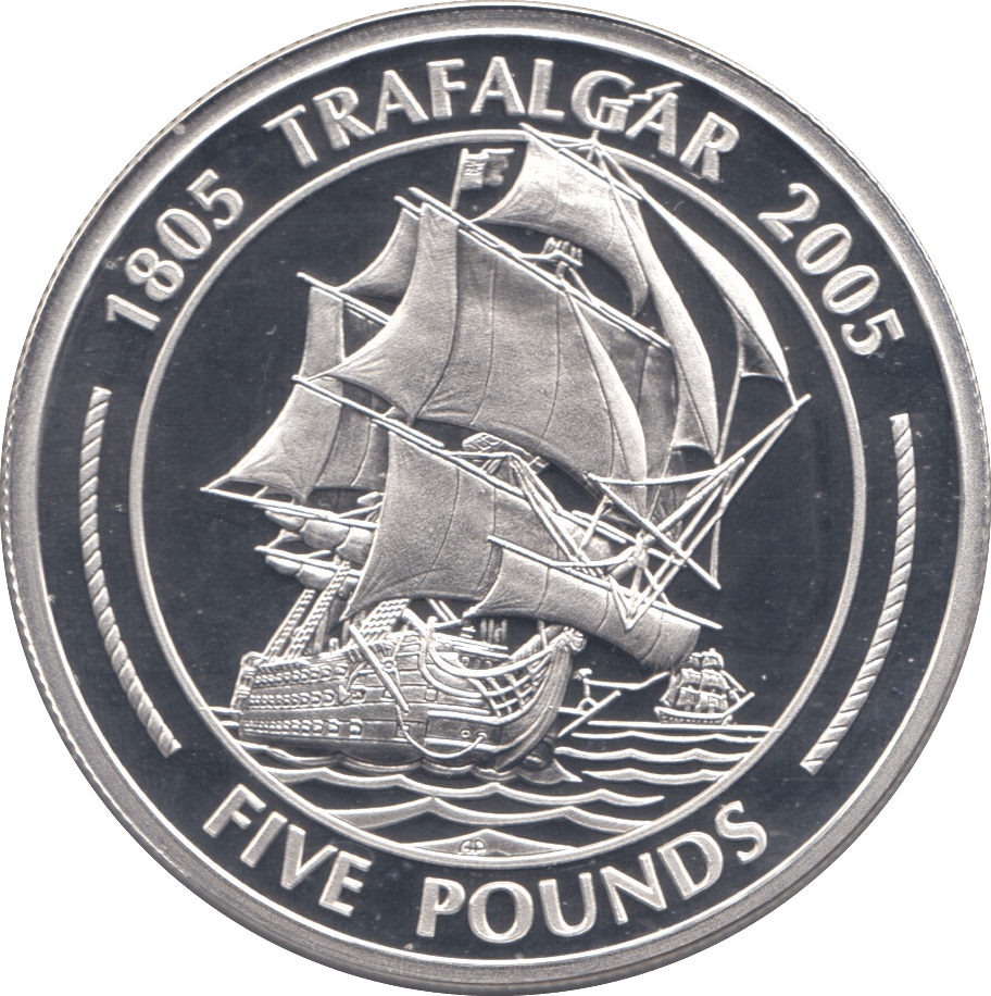 2005 SILVER PROOF FIVE POUNDS BATTLE OF TRAFALGAR COMMEMORATIVE GIBRALTAR - SILVER WORLD COINS - Cambridgeshire Coins