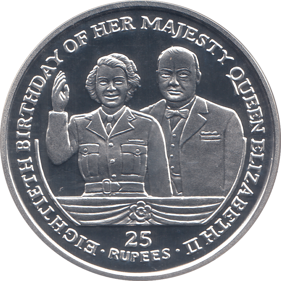 2006 SILVER .925 CHURCHILL AND QUEEN 80TH BDAY ANNIV. 25 RUPEES SEYCHELLES - SILVER PROOF - Cambridgeshire Coins