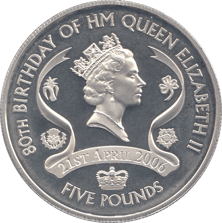 2006 SILVER .925 QUEEN 80TH BDAY ANNIV. FIVE POUNDS ALDERNEY - SILVER PROOF - Cambridgeshire Coins