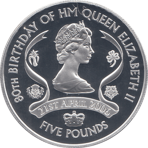 2006 SILVER .925 YOUNG QUEEN 80TH BDAY ANNIV. FIVE POUNDS JERSEY - SILVER PROOF - Cambridgeshire Coins
