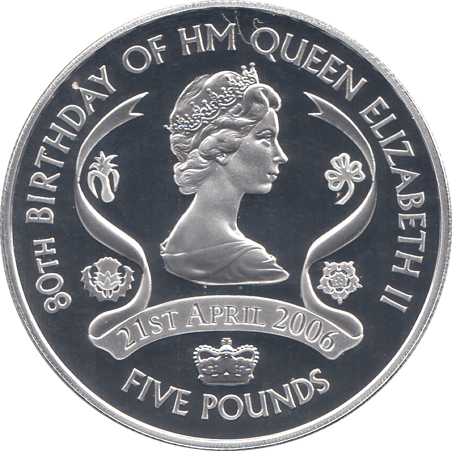 2006 SILVER .925 YOUNG QUEEN 80TH BDAY ANNIV. FIVE POUNDS JERSEY - SILVER PROOF - Cambridgeshire Coins