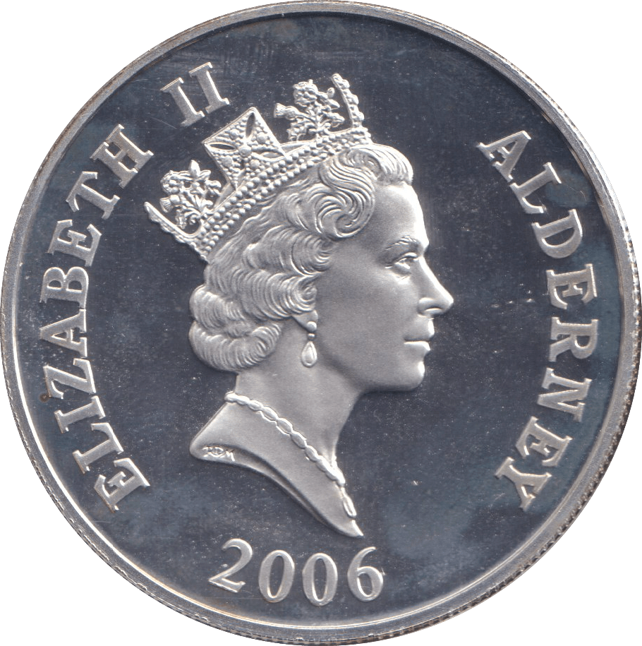 2006 SILVER PROOF ELIZABETH I FIVE POUNDS ALDERNEY - SILVER WORLD COINS - Cambridgeshire Coins
