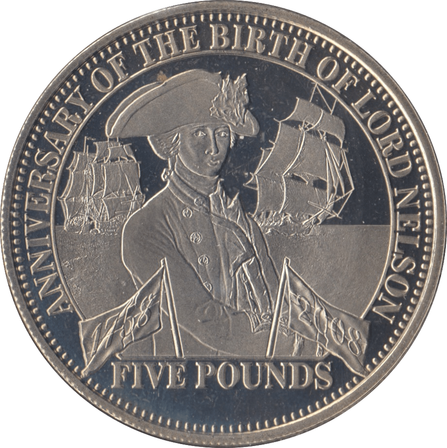 2008 BRILLIANT UNCIRCULATED BIRTH OF LORD NELSON 5 POUNDS TRISTAN DA CUNHA - WORLD COINS - Cambridgeshire Coins