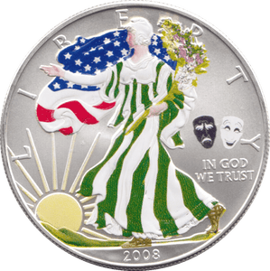 2008 COLOURISED SILVER LIBERTY DOLLAR USA 'COMEDIES' - SILVER WORLD COINS - Cambridgeshire Coins