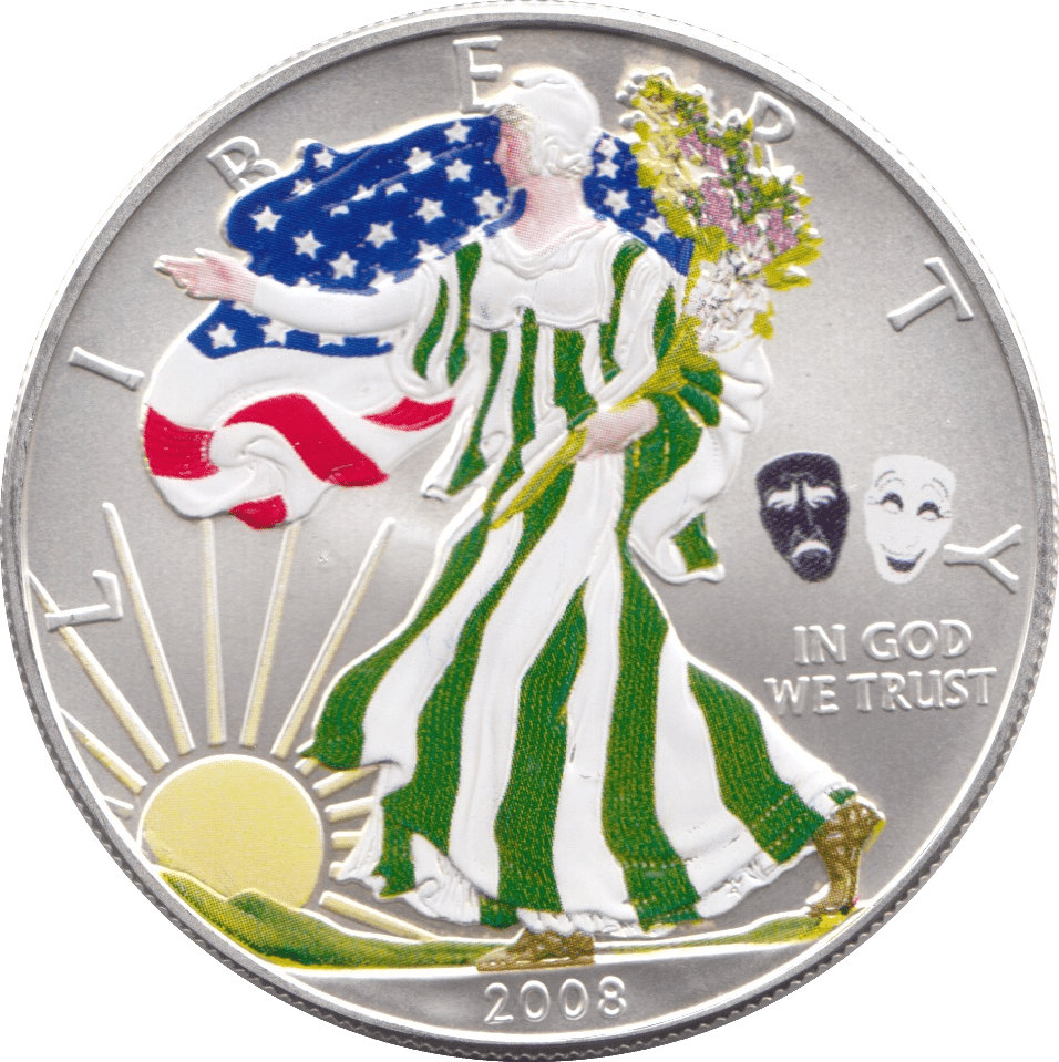 2008 COLOURISED SILVER LIBERTY DOLLAR USA 'COMEDIES' - SILVER WORLD COINS - Cambridgeshire Coins