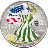 2008 COLOURISED SILVER LIBERTY DOLLAR USA 'COMEDIES' - SILVER WORLD COINS - Cambridgeshire Coins