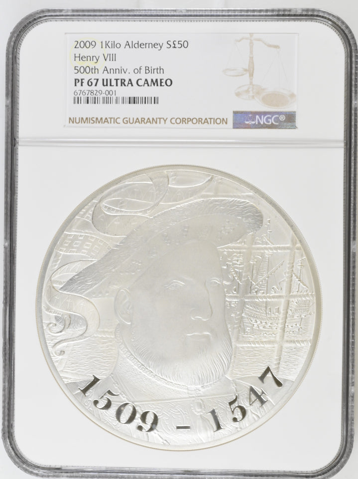 2009 SILVER 1 KILO ALDERNEY HENRY VIII 500th ANNIVERSARY OF BIRTH FIFTY POUNDS PF 67 ULTRA CAMEO - NGC SILVER COINS - Cambridgeshire Coins