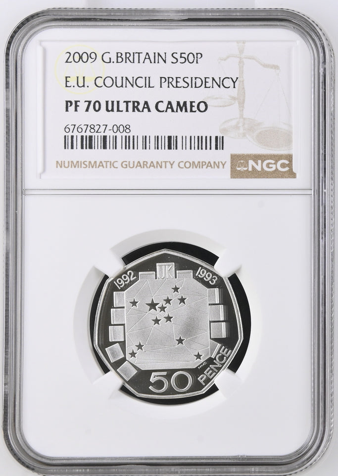 2009 SILVER PROOF 50P E.U. COUNCIL PRESIDENCY PF70 ULTRA CAMEO TOP POP - NGC SILVER COINS - Cambridgeshire Coins