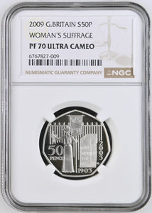 2009 SILVER PROOF 50P WOMAN'S SUFFRAGE PF70 ULTRA CAMEO TOP POP - NGC SILVER COINS - Cambridgeshire Coins