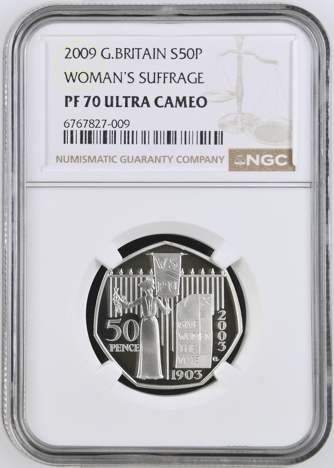 2009 SILVER PROOF 50P WOMAN'S SUFFRAGE PF70 ULTRA CAMEO TOP POP - NGC SILVER COINS - Cambridgeshire Coins