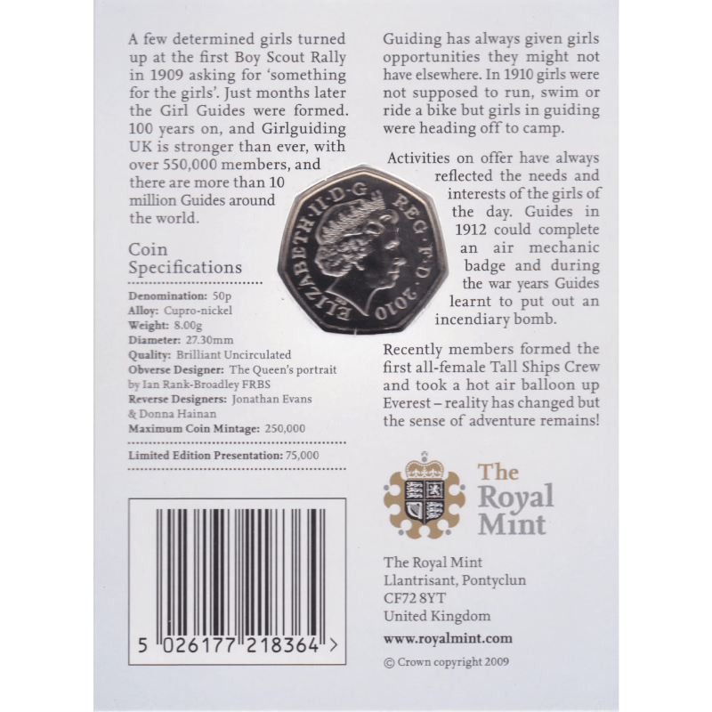 2010 BRILLIANT UNCIRCULATED 50P GIRL GUIDES COIN PACK BU - 50p BU Pack - Cambridgeshire Coins