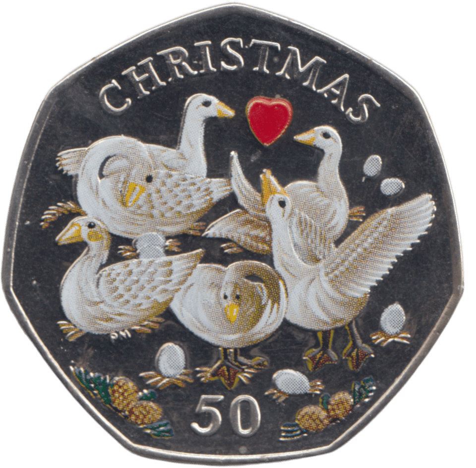 2010 COLOURED CHRISTMAS 50P SIX GEESE LAYING ISLE OF MAN ( BUNC ) - 50P REGIONAL ISSUES - Cambridgeshire Coins