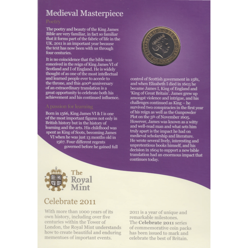 2011 BRILLIANT UNCIRCULATED £2 PRESENTATION PACK KING JAMES BIBLE - £2 BU PACK - Cambridgeshire Coins