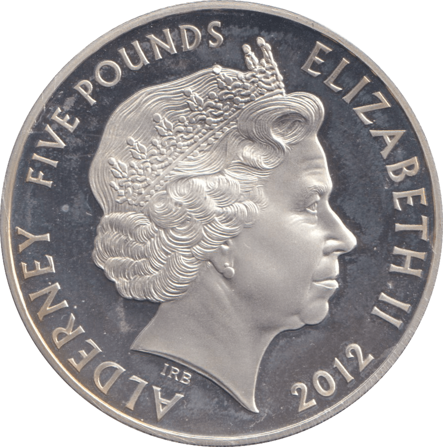 2012 SILVER PROOF FIVE POUND ALDERNEY - SILVER WORLD COINS - Cambridgeshire Coins