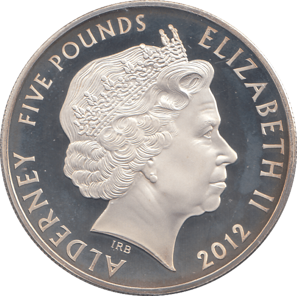 2012 SILVER PROOF FIVE POUNDS ALDERNEY - SILVER WORLD COINS - Cambridgeshire Coins