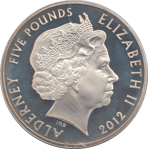 2012 SILVER PROOF FIVE POUNDS ALDERNEY - SILVER WORLD COINS - Cambridgeshire Coins