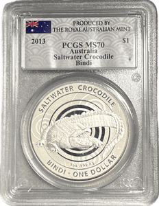 2013 SILVER SALTWATER CROCODILE BINDI $1 PRODUCED BY AUSTRALIAN MINT PCGS MS 70 AUSTRALIA - NGC SILVER COINS - Cambridgeshire Coins
