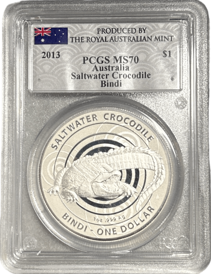 2013 SILVER SALTWATER CROCODILE BINDI $1 PRODUCED BY AUSTRALIAN MINT PCGS MS 70 AUSTRALIA - NGC SILVER COINS - Cambridgeshire Coins