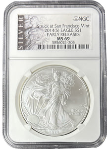 2014 SILVER EAGLE $1 STRUCK AT SAN FRANCISCO MINT EARLY RELEASES NGC MS 69 USA - NGC SILVER COINS - Cambridgeshire Coins