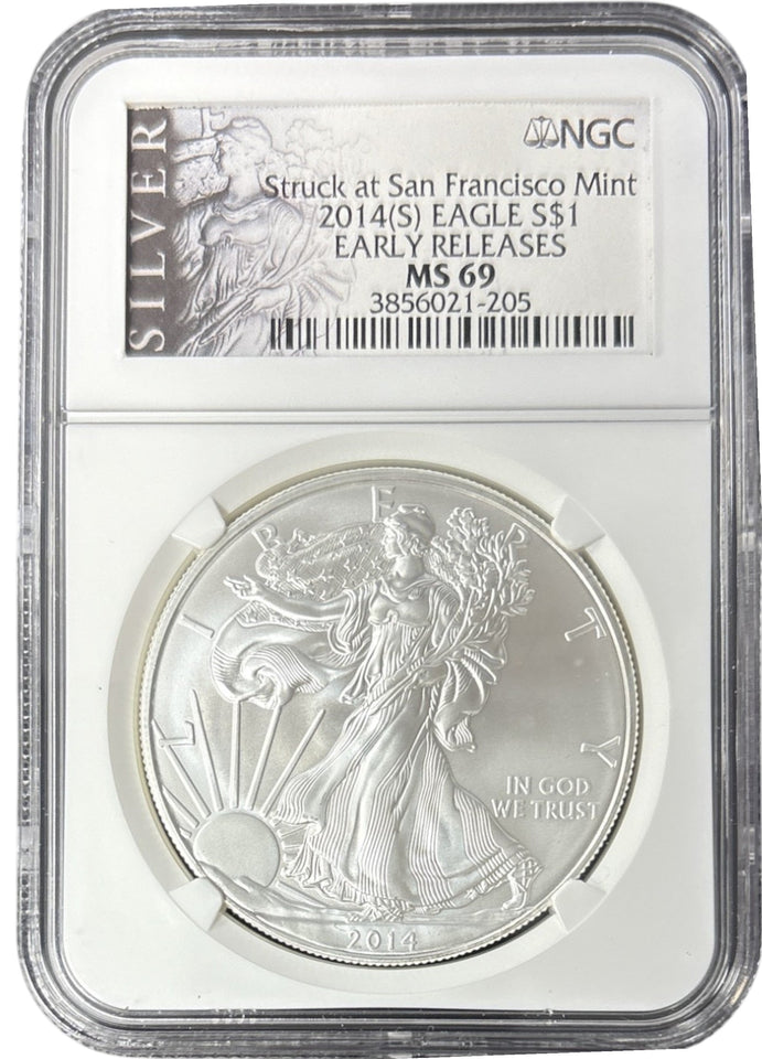 2014 SILVER EAGLE $1 STRUCK AT SAN FRANCISCO MINT EARLY RELEASES NGC MS 69 USA - NGC SILVER COINS - Cambridgeshire Coins