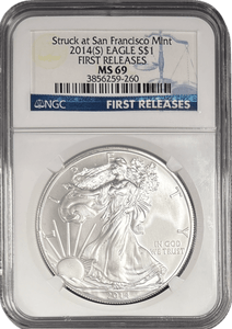 2014 SILVER EAGLE $1 STRUCK AT SAN FRANCISCO MINT FIRST RELEASES NGC MS 69 USA - NGC SILVER COINS - Cambridgeshire Coins