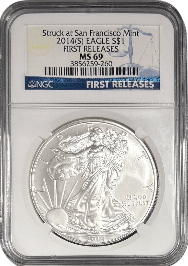 2014 SILVER EAGLE $1 STRUCK AT SAN FRANCISCO MINT FIRST RELEASES NGC MS 69 USA - NGC SILVER COINS - Cambridgeshire Coins