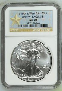 2014 SILVER EAGLE $1 STRUCK AT WEST POINT MINT NGC MS 70 USA REF - 1 - NGC SILVER COINS - Cambridgeshire Coins