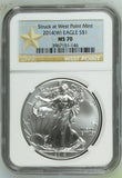 2014 SILVER EAGLE $1 STRUCK AT WEST POINT MINT NGC MS 70 USA REF - 1 - NGC SILVER COINS - Cambridgeshire Coins