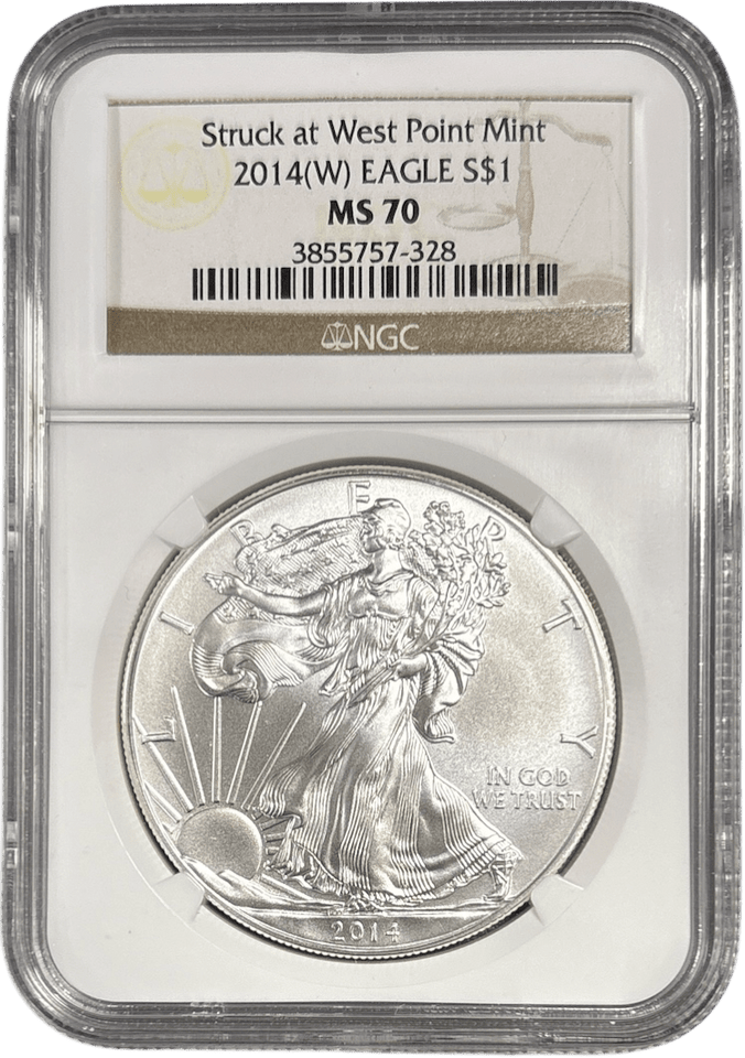 2014 SILVER EAGLE $1 STRUCK AT WEST POINT MINT NGC MS 70 USA REF - 4 - NGC SILVER COINS - Cambridgeshire Coins