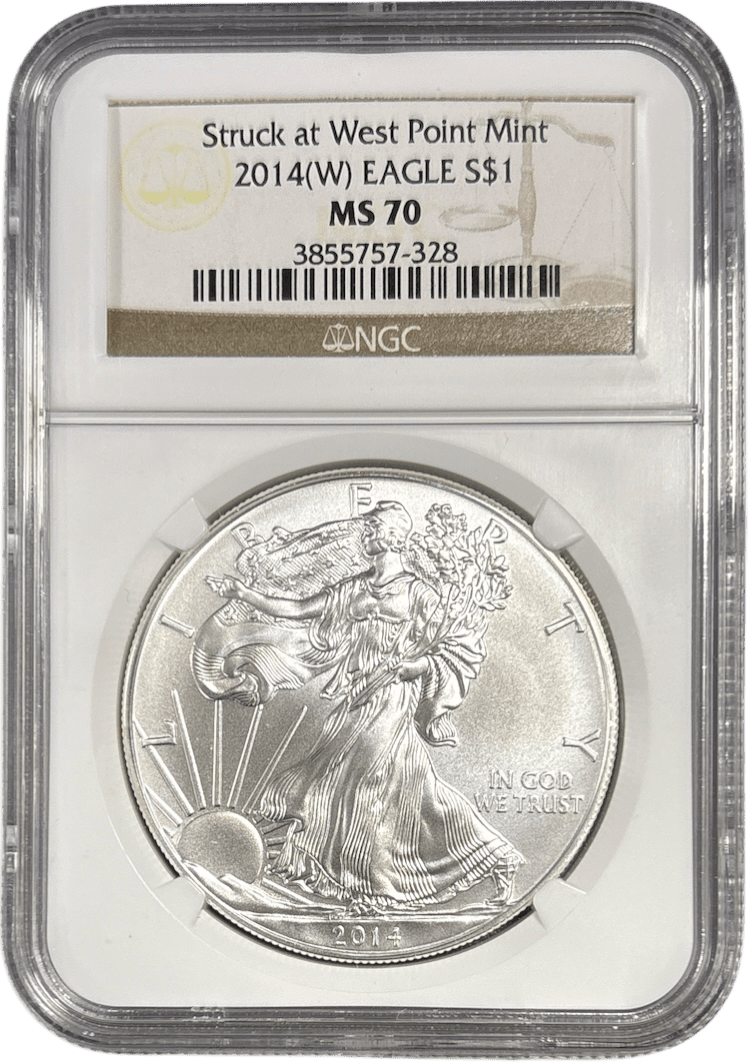 2014 SILVER EAGLE $1 STRUCK AT WEST POINT MINT NGC MS 70 USA REF - 4 - NGC SILVER COINS - Cambridgeshire Coins