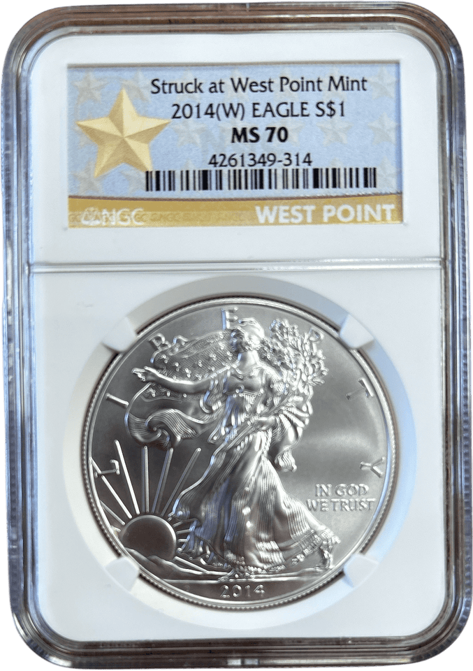 2014 SILVER EAGLE $1 STRUCK AT WEST POINT MINT NGC MS 70 USA REF - 7 - NGC SILVER COINS - Cambridgeshire Coins