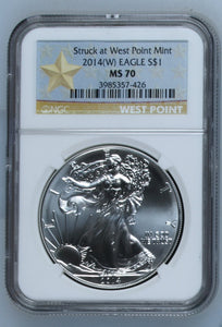 2014 SILVER EAGLE $1 STRUCK AT WEST POINT MINT NGC MS 70 USA REF - 8 - NGC SILVER COINS - Cambridgeshire Coins