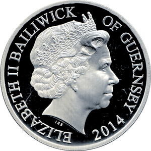 2014 SILVER PROOF FIVE POUNDS GUERNSEY - SILVER WORLD COINS - Cambridgeshire Coins
