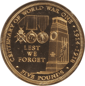 2014 SILVER PROOF GOLD PLATED FIVE POUNDS LEST WE FORGET - SILVER WORLD COINS - Cambridgeshire Coins