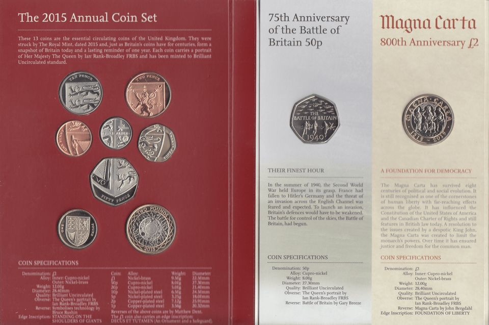 2015 BRILLIANT UNCIRCULATED ANNUAL COIN YEAR SET - Brilliant Uncirculated Year Sets - Cambridgeshire Coins