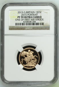 2015 GOLD SOVEREIGN ONE OF FIRST 500 STRUCK PF 70 ULTRA CAMEO - NGC GOLD £1 - Cambridgeshire Coins