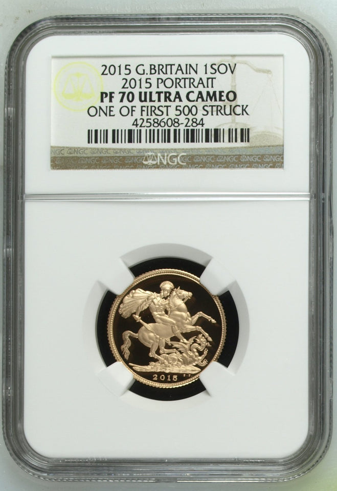 2015 GOLD SOVEREIGN ONE OF FIRST 500 STRUCK PF 70 ULTRA CAMEO - NGC GOLD £1 - Cambridgeshire Coins
