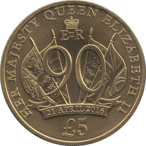 2016 BRILLIANT UNCIRCULATED 90TH BIRTHDAY COMMEMORATIVE 5 POUNDS JERSEY - WORLD COINS - Cambridgeshire Coins